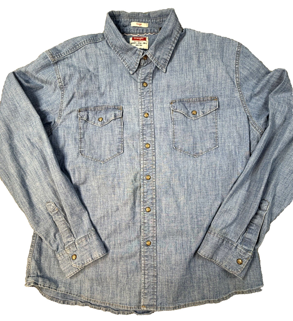 Wrangler Western Pearl Snap Shirt Mens XL Long Sleeve Indigo Denim Blue Shirt